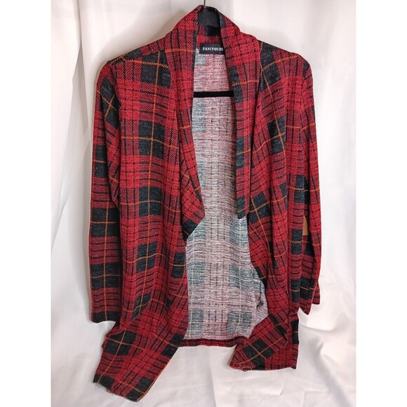 Fancyqube Red Plaid Cardigan Medium Leather Elbow Patches - Picture 1 of 3